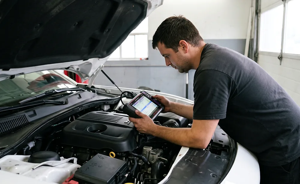 Technician reviewing live vehicle data on a handheld diagnostic scan tool during a repair