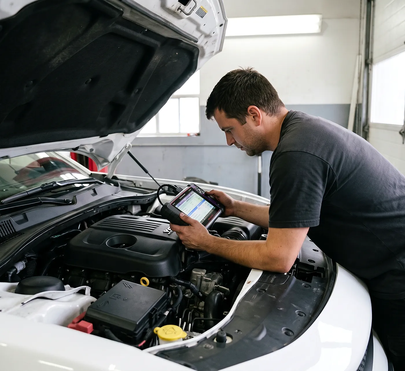 Technician reading live engine data on a handheld diagnostic scan tool at an open engine bay