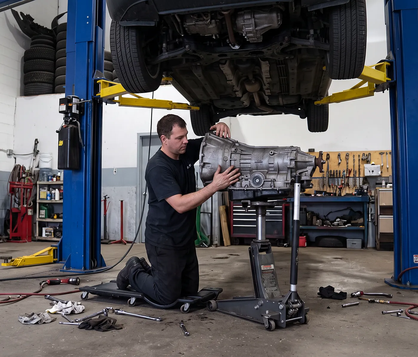 Technician supporting an automatic transmission on a transmission jack beneath a vehicle on the hoist